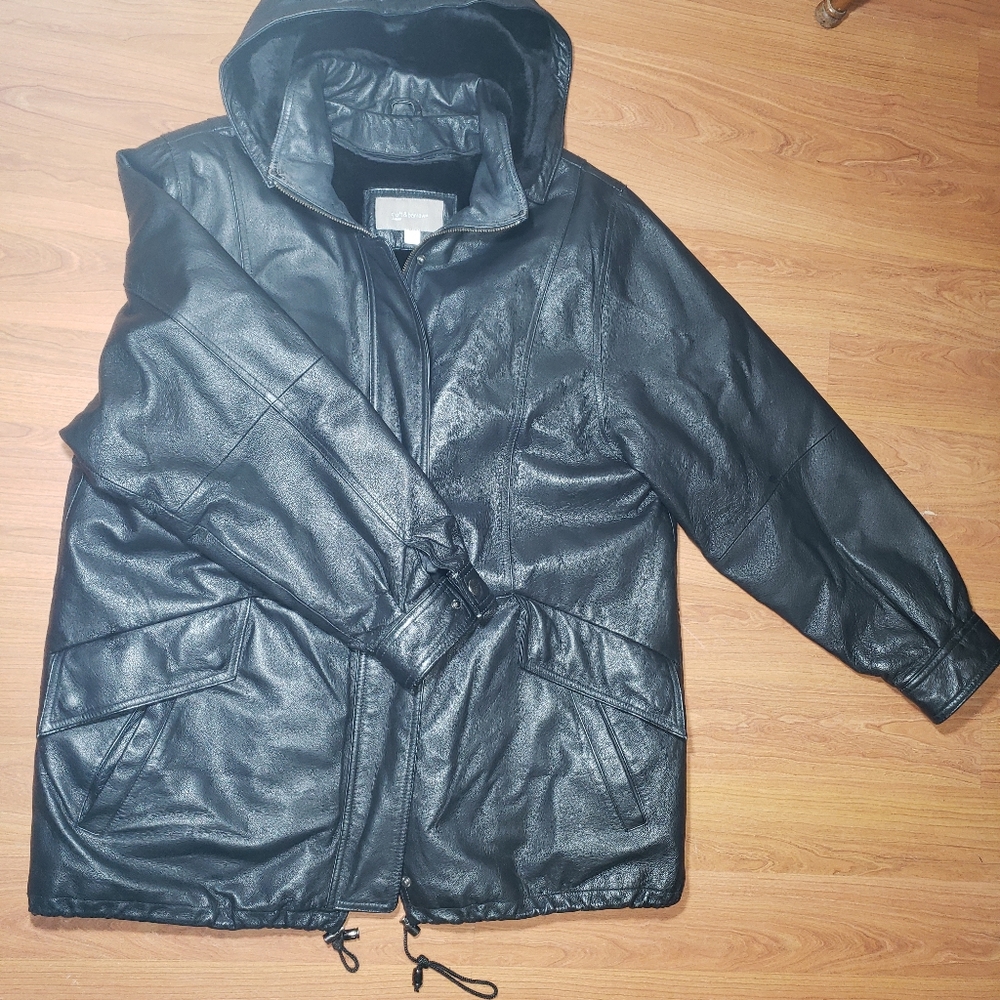 Leather jacket with removable hood/lining